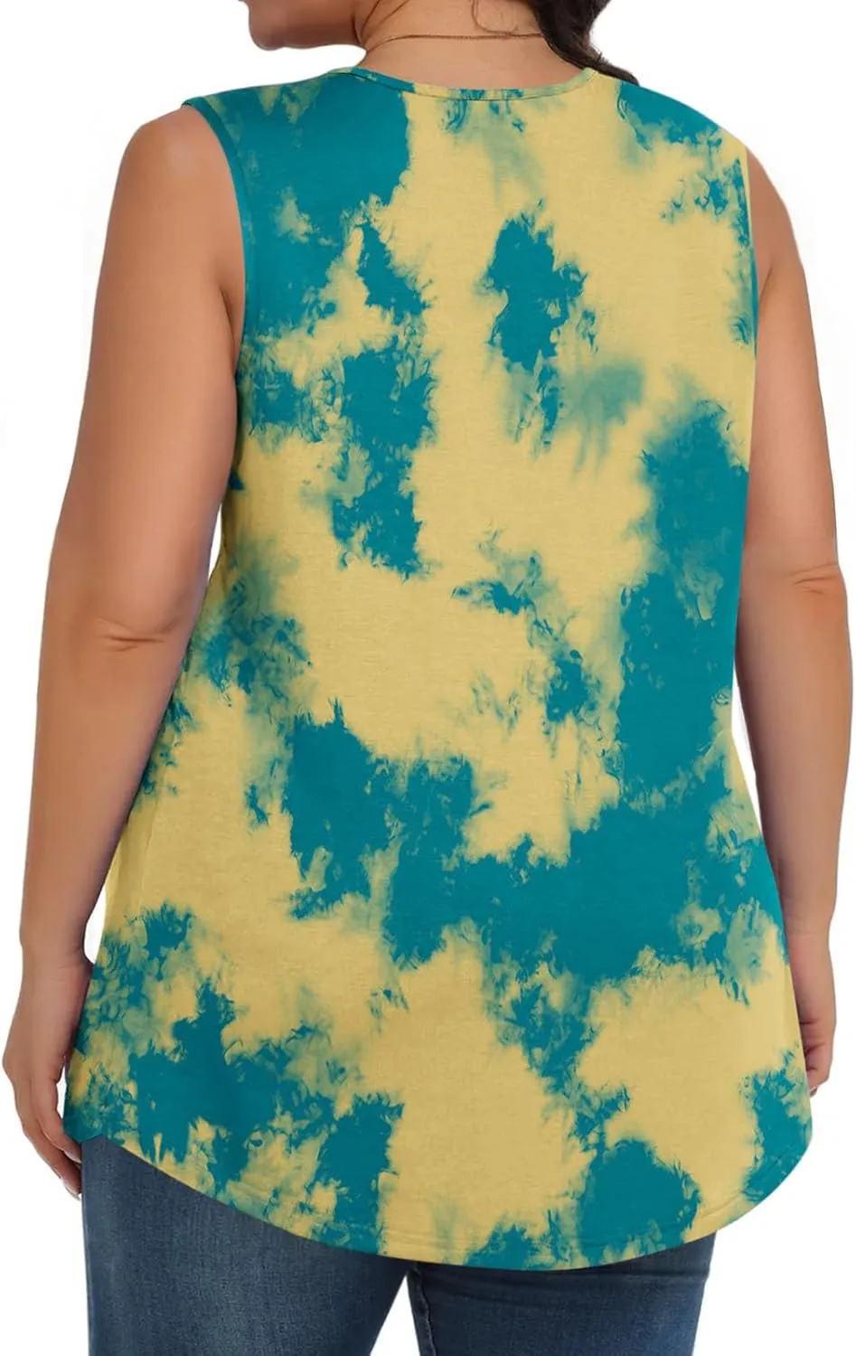 Fashion Tie Dye Print Summer Sleeveless Shirts for Women, Plus Size Loose Casual Tank Top Pleated Crew Neck Comfy Tops