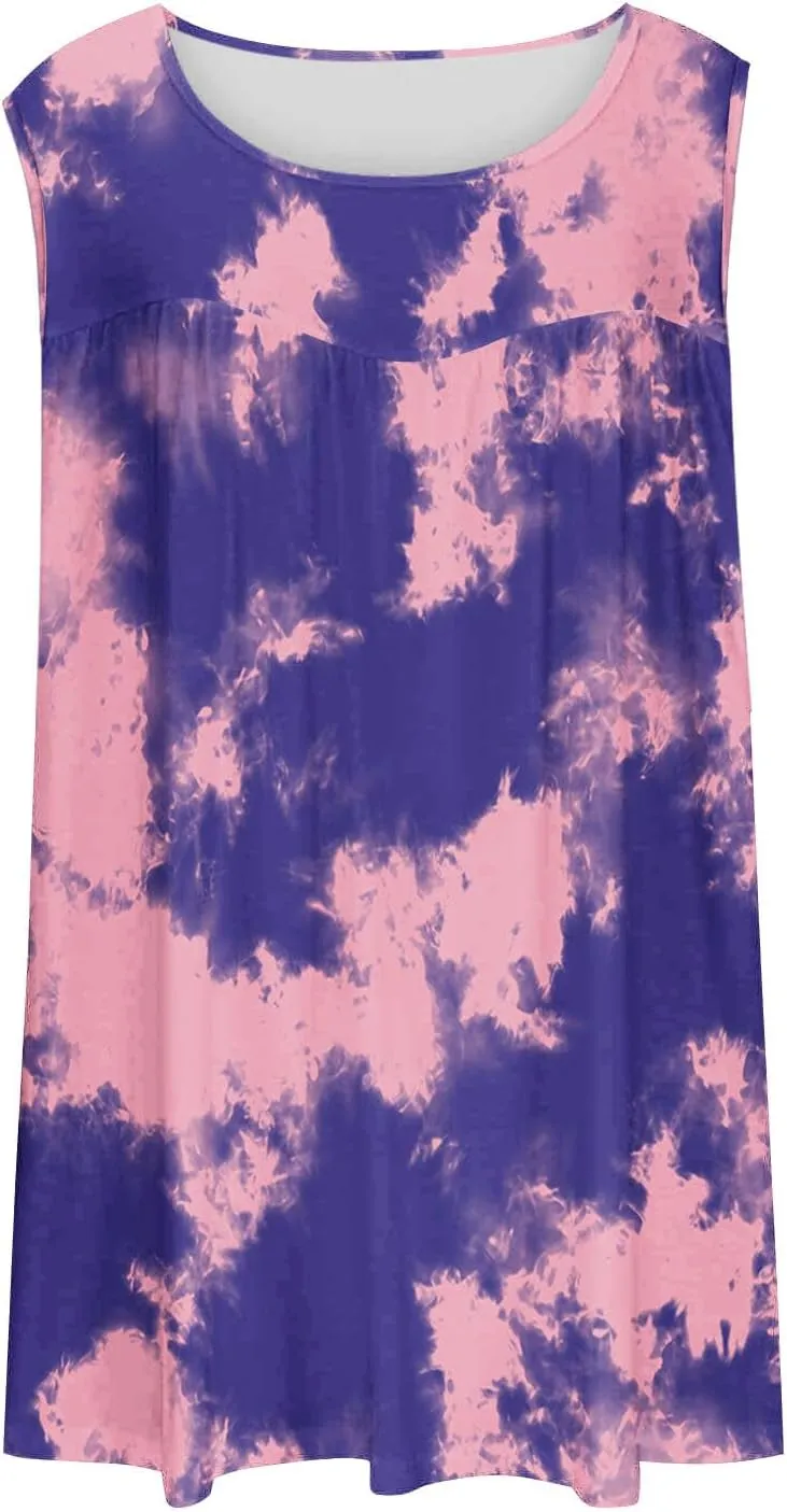 Fashion Tie Dye Print Summer Sleeveless Shirts for Women, Plus Size Loose Casual Tank Top Pleated Crew Neck Comfy Tops