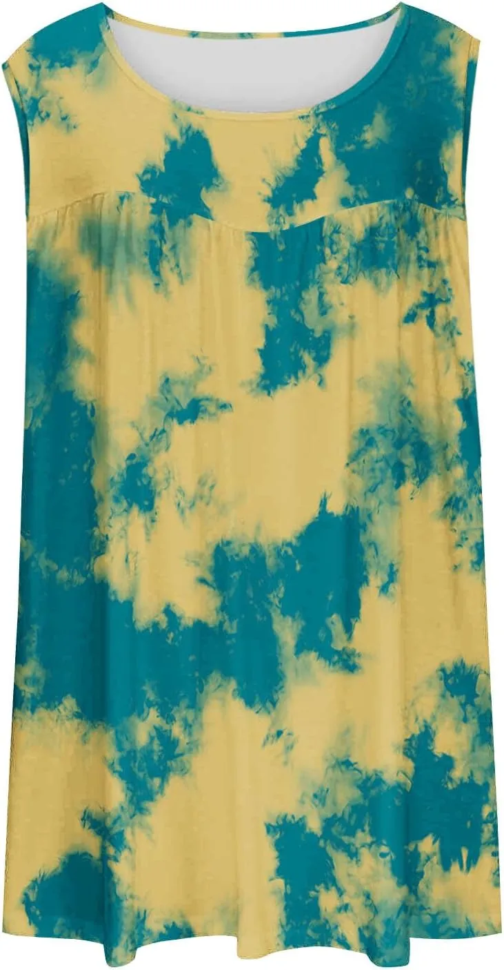 Fashion Tie Dye Print Summer Sleeveless Shirts for Women, Plus Size Loose Casual Tank Top Pleated Crew Neck Comfy Tops