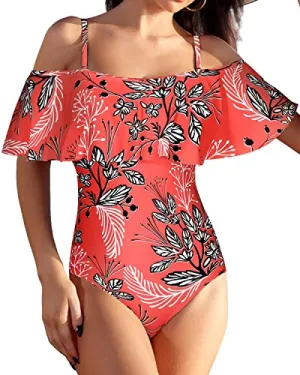 Fashionable Hollow Out Off The Shoulder Swimsuit For Women-Red Floral