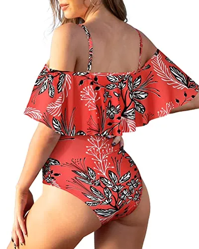 Fashionable Hollow Out Off The Shoulder Swimsuit For Women-Red Floral