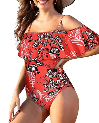 Fashionable Hollow Out Off The Shoulder Swimsuit For Women-Red Floral