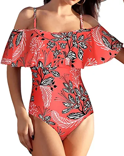 Fashionable Hollow Out Off The Shoulder Swimsuit For Women-Red Floral