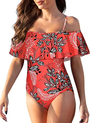 Fashionable Hollow Out Off The Shoulder Swimsuit For Women-Red Floral