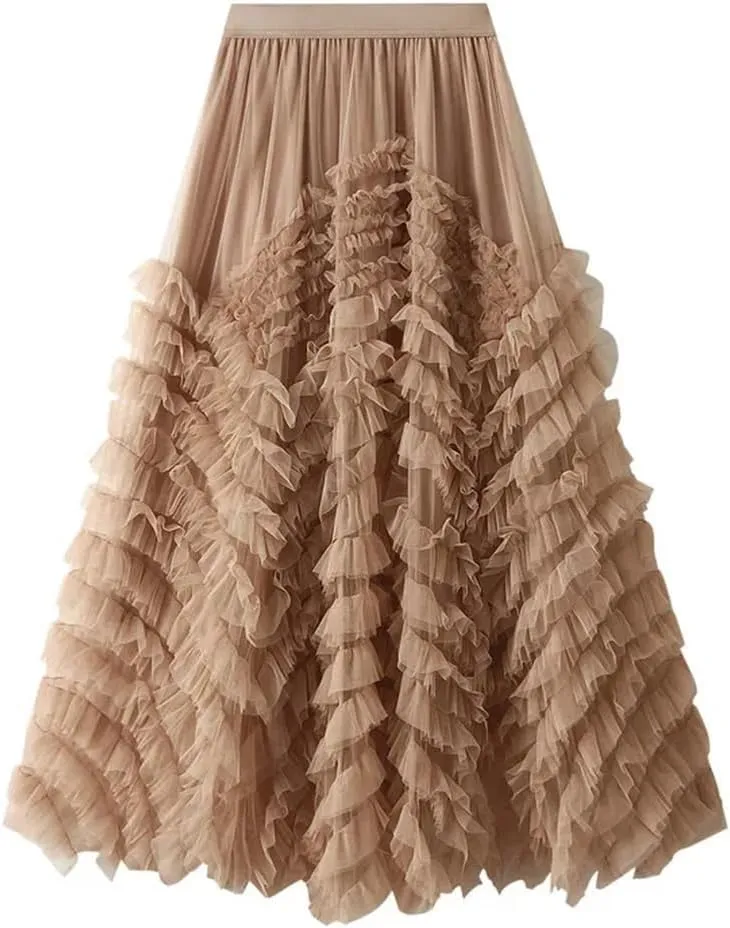 Fashionable Tiered Tulle Maxi Skirt for Women Elegant A Line High Waist Mesh Long Skirt Female