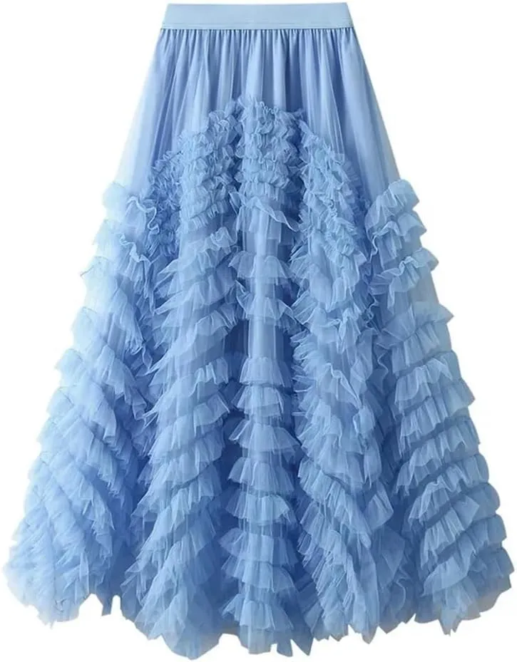 Fashionable Tiered Tulle Maxi Skirt for Women Elegant A Line High Waist Mesh Long Skirt Female