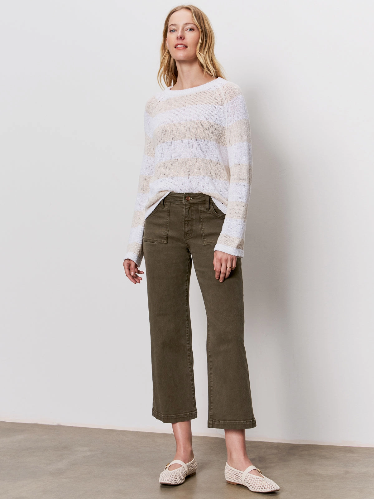 Thermo Regulating Fibers Textured Raglan Crew Sweater White/ Light Oat Stripe