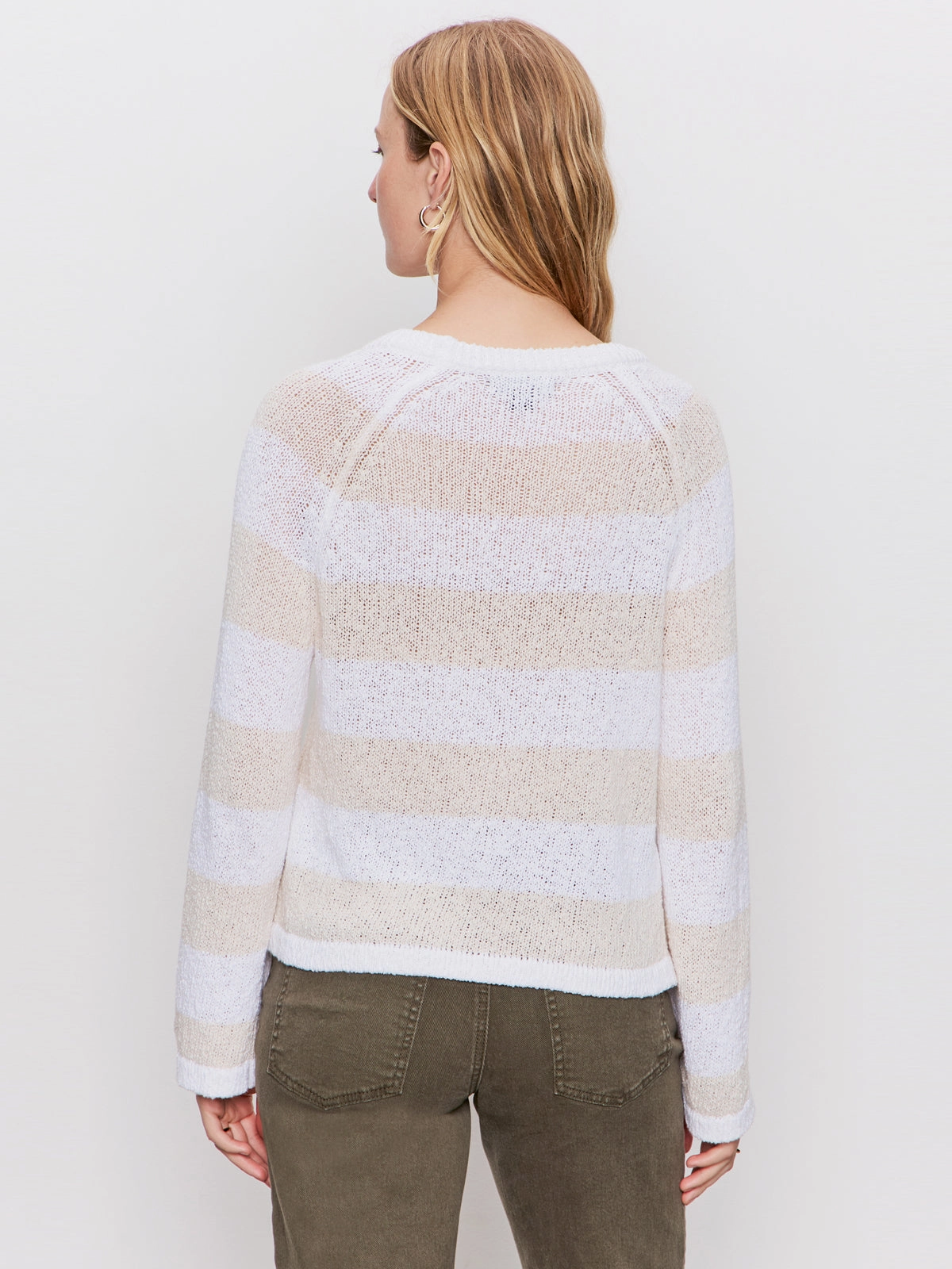 Textured Raglan Crew Sweater White/ Light Oat Stripe Relax time Interlock Knit Body