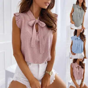 Fashionkova  Elegant Polka Pot Female Tunic Casual Lace Up Bow Tie Womens Top Tee 2022 Summer Ruffles Sleeveless Crop Top Oversized T-Shirt