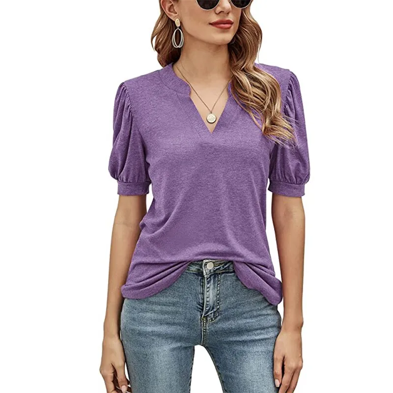 Fashionkova  Sexy V Neck Women Tee Shirts 2022 Spring Summer Puff Short Sleeve Black Casual Solid Tops Office Lady Shirring Tshirt