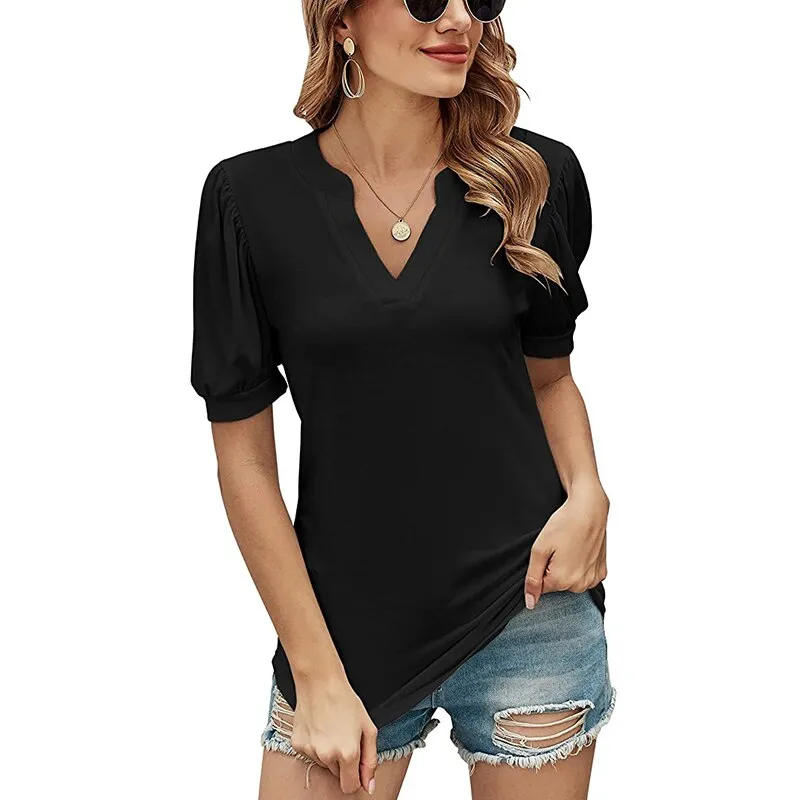 Fashionkova  Sexy V Neck Women Tee Shirts 2022 Spring Summer Puff Short Sleeve Black Casual Solid Tops Office Lady Shirring Tshirt