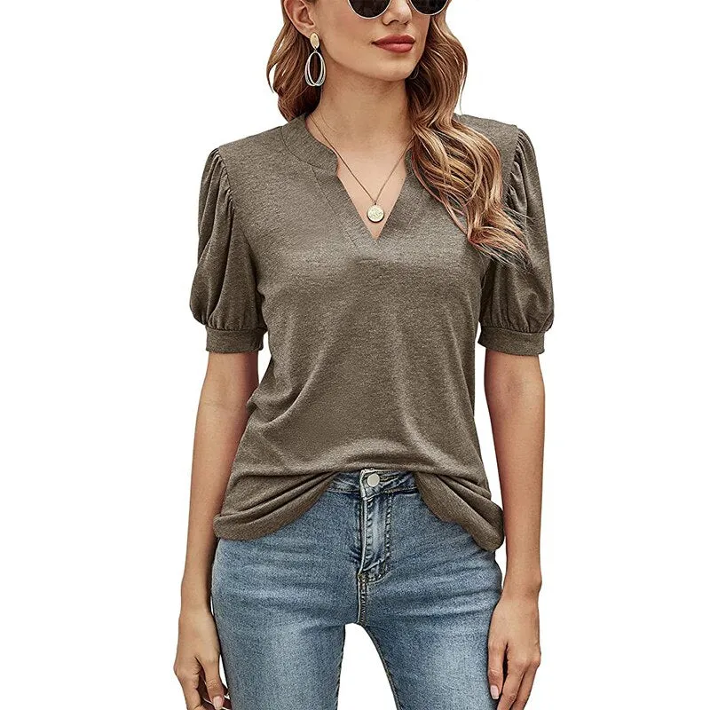 Fashionkova  Sexy V Neck Women Tee Shirts 2022 Spring Summer Puff Short Sleeve Black Casual Solid Tops Office Lady Shirring Tshirt