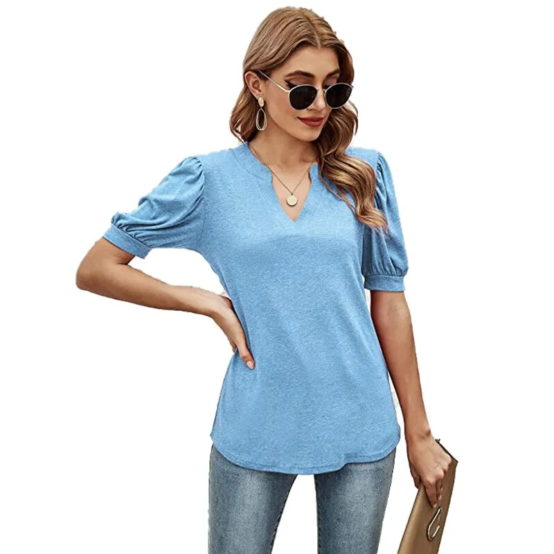 Fashionkova  Sexy V Neck Women Tee Shirts 2022 Spring Summer Puff Short Sleeve Black Casual Solid Tops Office Lady Shirring Tshirt