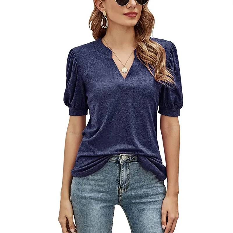 Fashionkova  Sexy V Neck Women Tee Shirts 2022 Spring Summer Puff Short Sleeve Black Casual Solid Tops Office Lady Shirring Tshirt