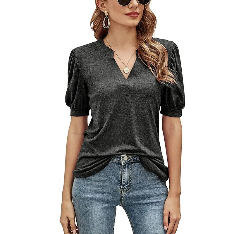 Fashionkova  Sexy V Neck Women Tee Shirts 2022 Spring Summer Puff Short Sleeve Black Casual Solid Tops Office Lady Shirring Tshirt