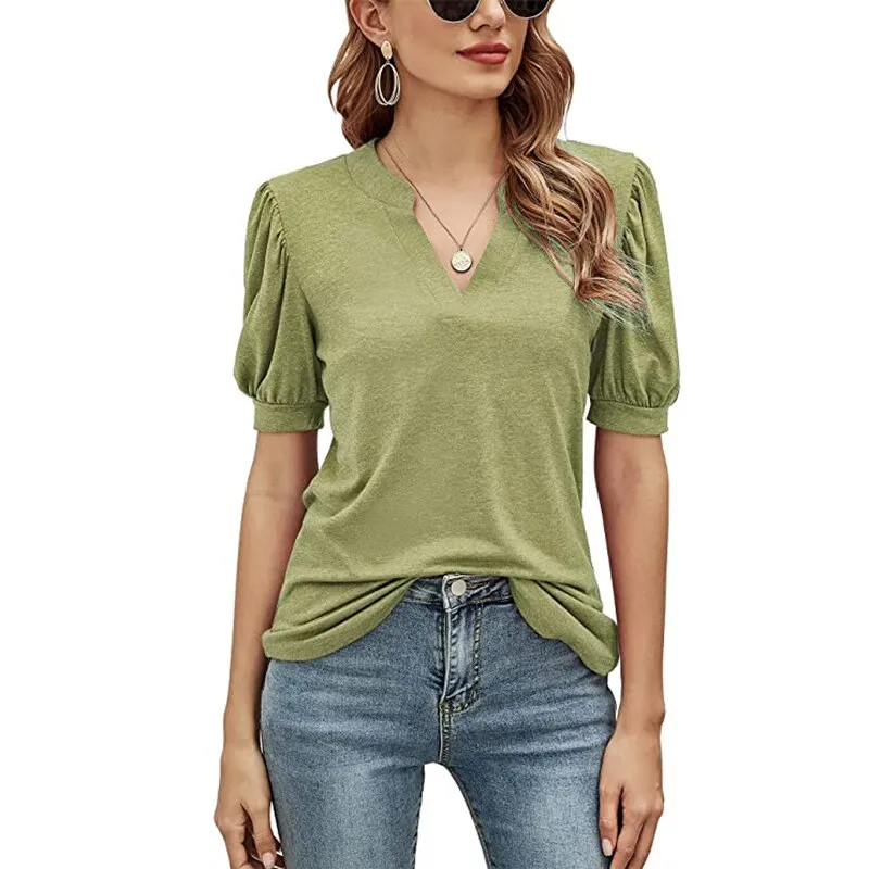 Fashionkova  Sexy V Neck Women Tee Shirts 2022 Spring Summer Puff Short Sleeve Black Casual Solid Tops Office Lady Shirring Tshirt
