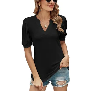 Fashionkova  Sexy V Neck Women Tee Shirts 2022 Spring Summer Puff Short Sleeve Black Casual Solid Tops Office Lady Shirring Tshirt