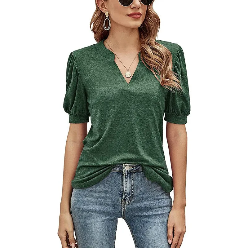 Fashionkova  Sexy V Neck Women Tee Shirts 2022 Spring Summer Puff Short Sleeve Black Casual Solid Tops Office Lady Shirring Tshirt