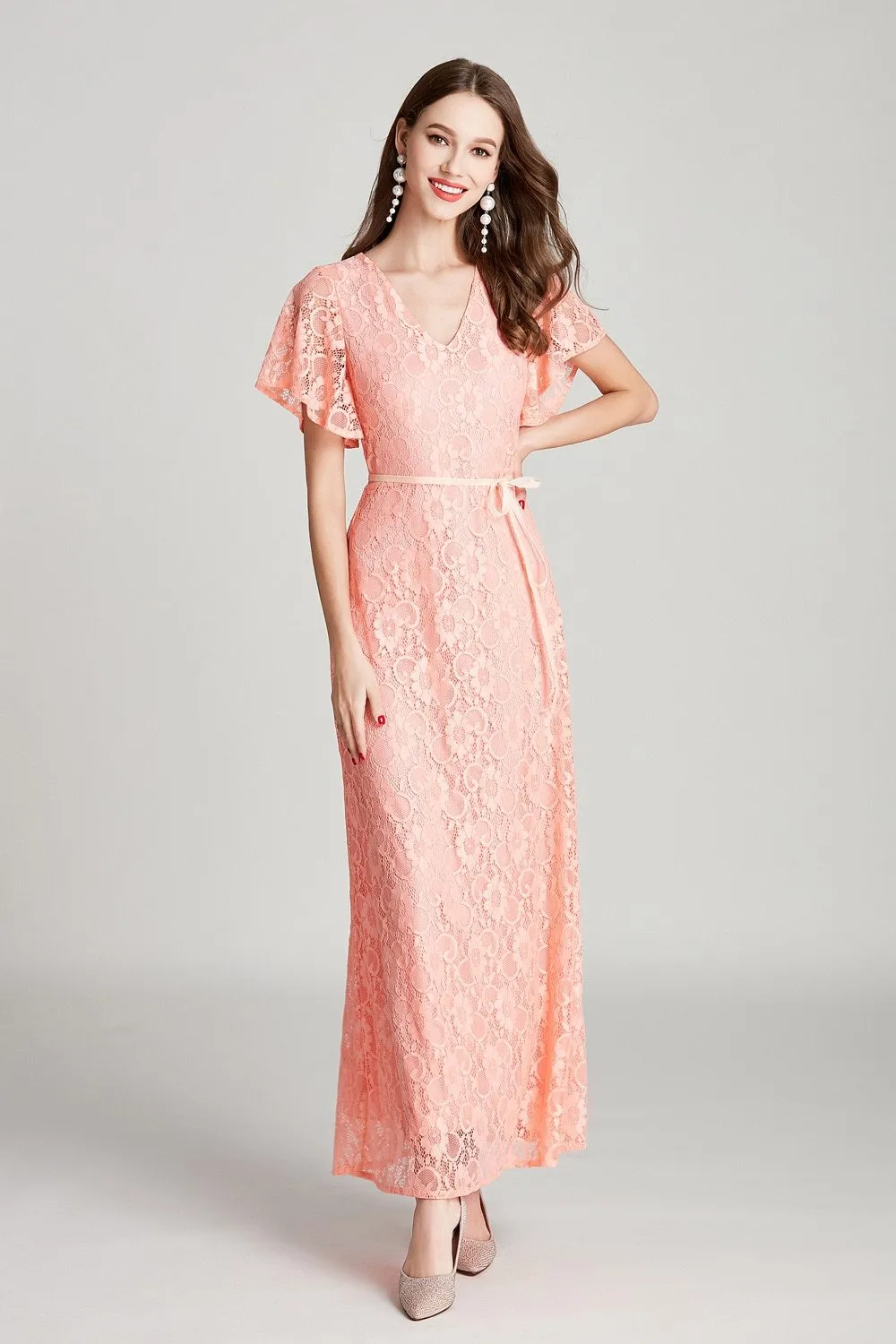 FashionSierra - Sexy V Neck Short Sleeves Embroidery Lace Fashion High Street Long Dresses