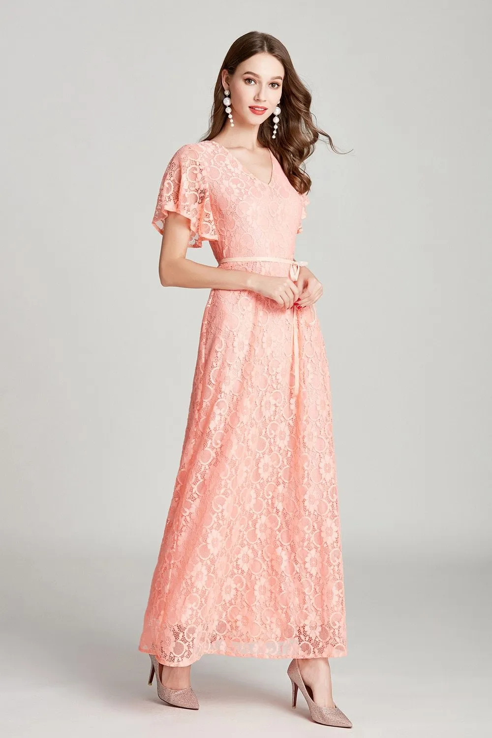 FashionSierra - Sexy V Neck Short Sleeves Embroidery Lace Fashion High Street Long Dresses