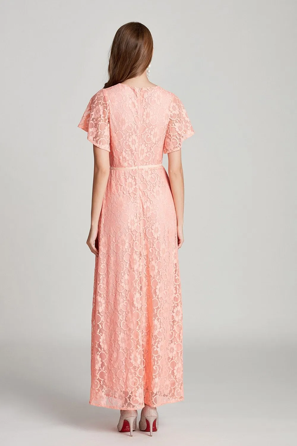 FashionSierra - Sexy V Neck Short Sleeves Embroidery Lace Fashion High Street Long Dresses
