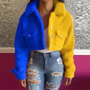 FashionSierra - Yellow Blue Color Block Spliced Crop Jackets