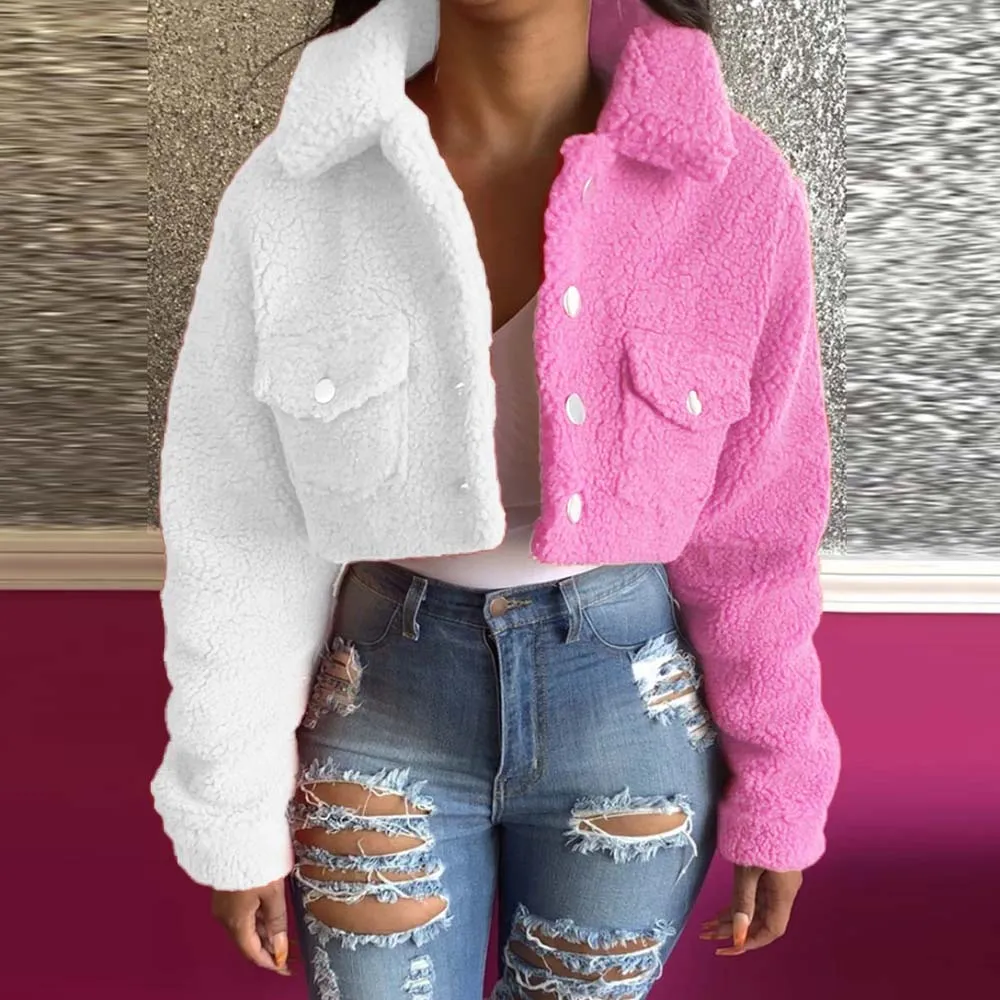 FashionSierra - Yellow Blue Color Block Spliced Crop Jackets