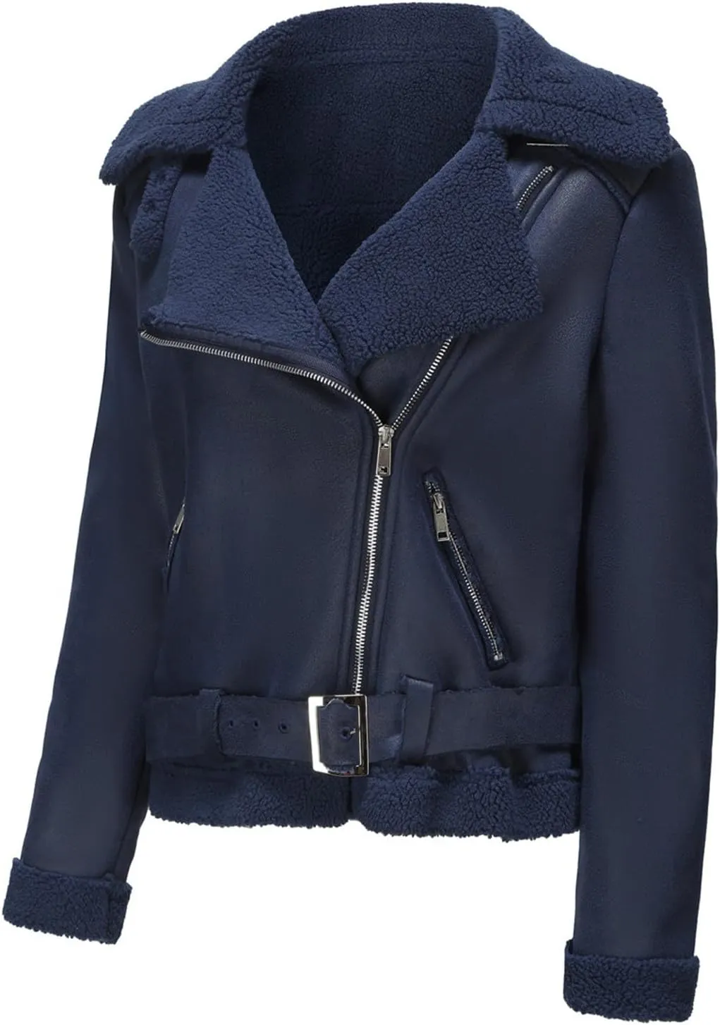 Faux Suede Leather Jacket for Women Warm Lambswool Fleece Zip Up Lapel Collar Jackets Fashion Pockets Moto Biker Coat