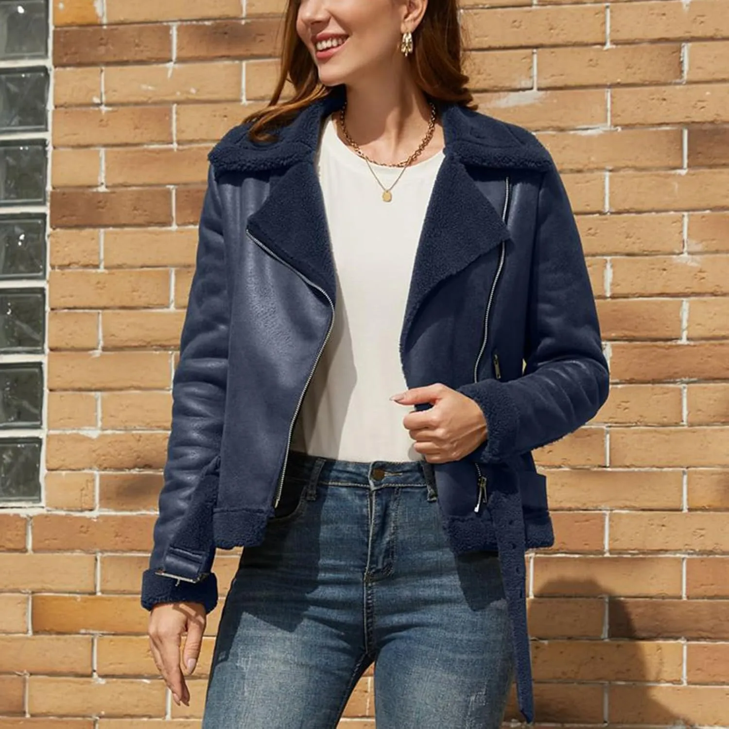 Faux Suede Leather Jacket for Women Warm Lambswool Fleece Zip Up Lapel Collar Jackets Fashion Pockets Moto Biker Coat