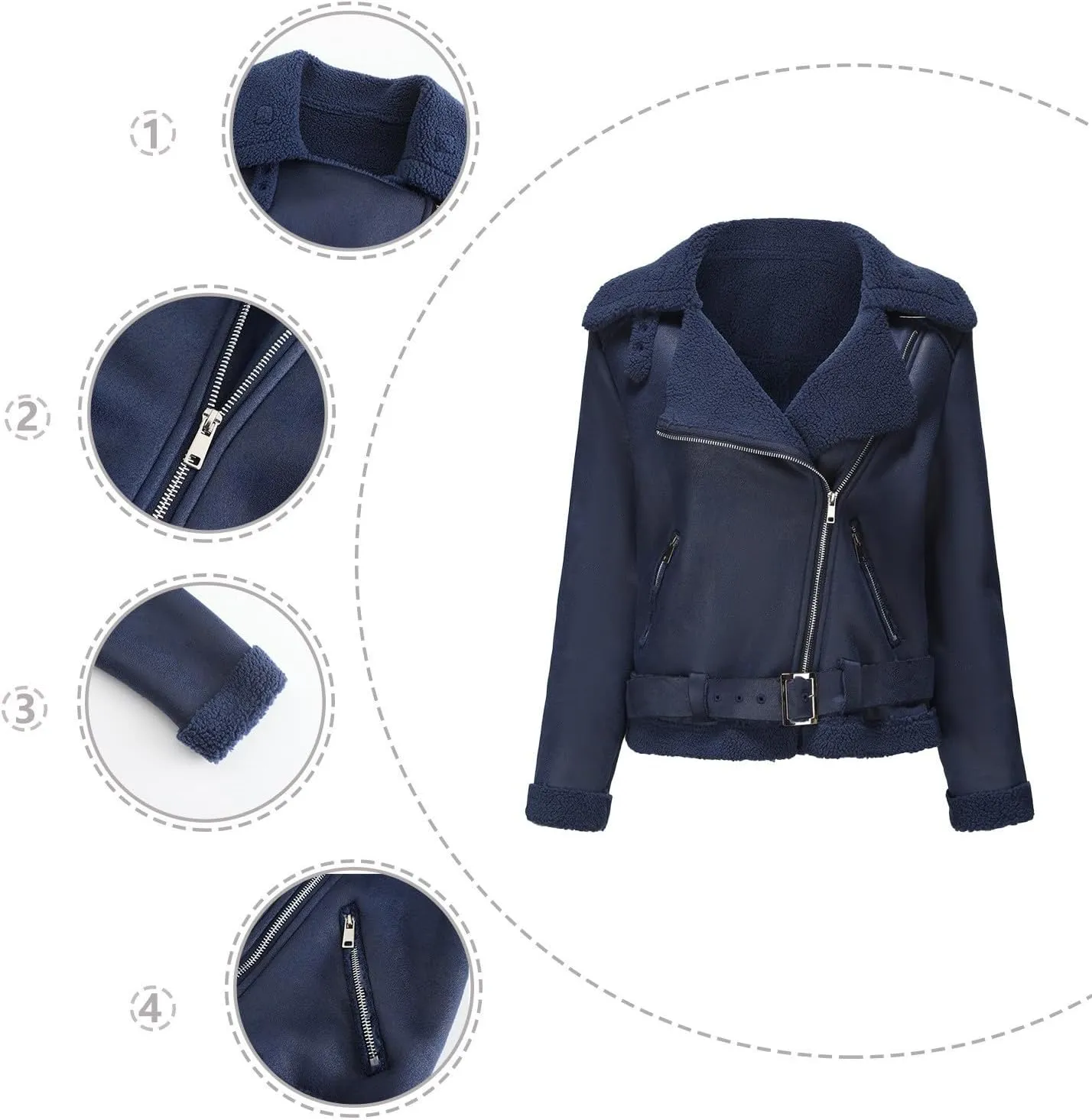 Faux Suede Leather Jacket for Women Warm Lambswool Fleece Zip Up Lapel Collar Jackets Fashion Pockets Moto Biker Coat