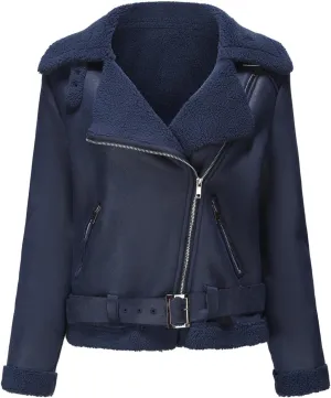 Faux Suede Leather Jacket for Women Warm Lambswool Fleece Zip Up Lapel Collar Jackets Fashion Pockets Moto Biker Coat