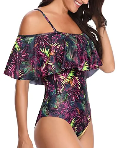 Feminine One Piece Swimsuit Off Shoulder Ruffles-Purple Leaf