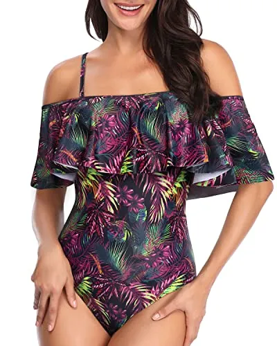 Feminine One Piece Swimsuit Off Shoulder Ruffles-Purple Leaf