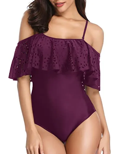 Feminine Padded Push Up Bras One Piece Off Shoulder Lace Swimsuits-Maroon