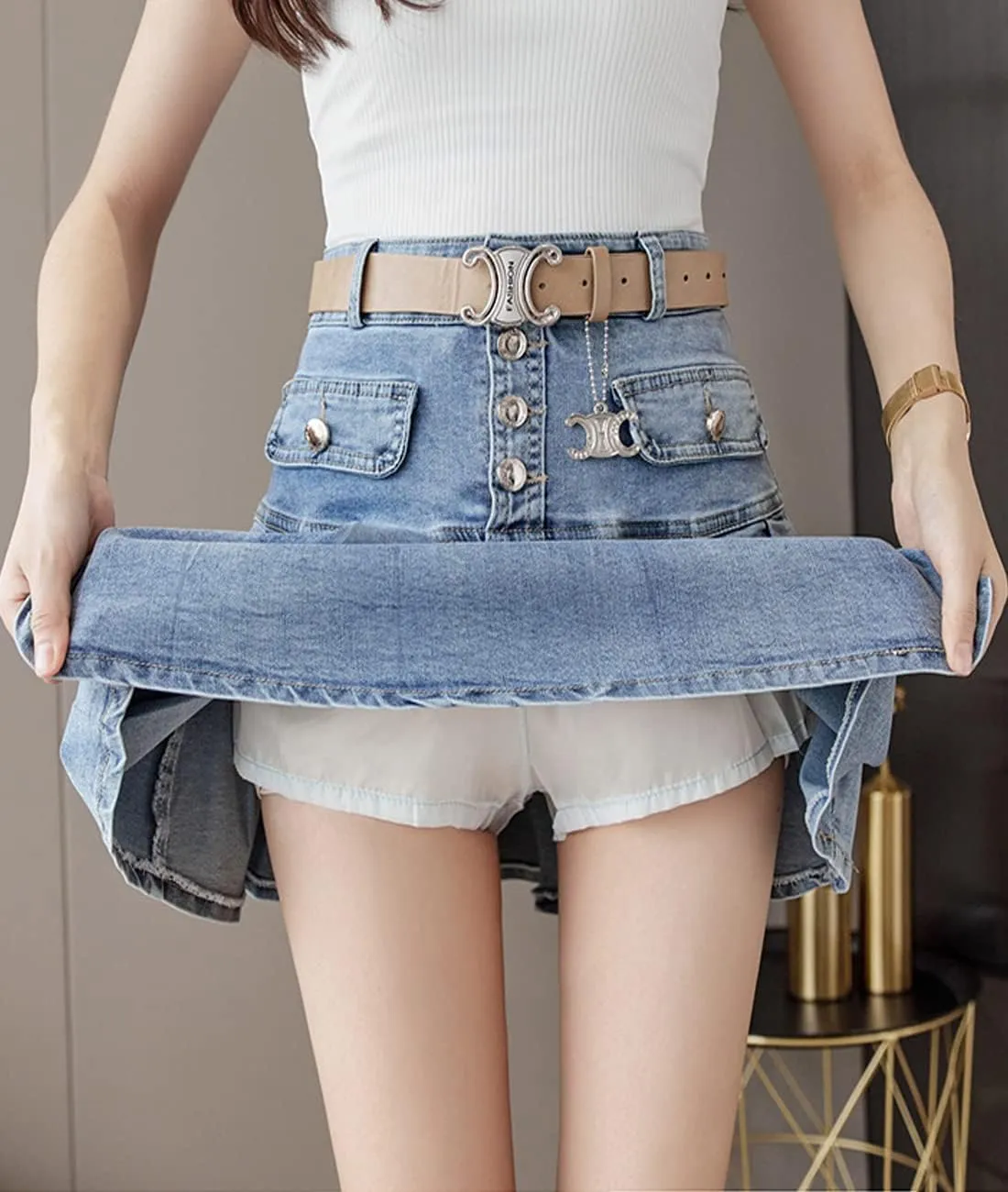 Femiserah Women's High Waist Button Front A-line Pleated Ruffle Short Mini Denim Skirts