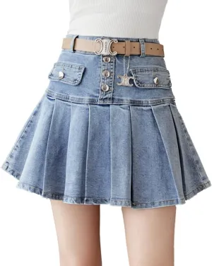 Femiserah Women's High Waist Button Front A-line Pleated Ruffle Short Mini Denim Skirts
