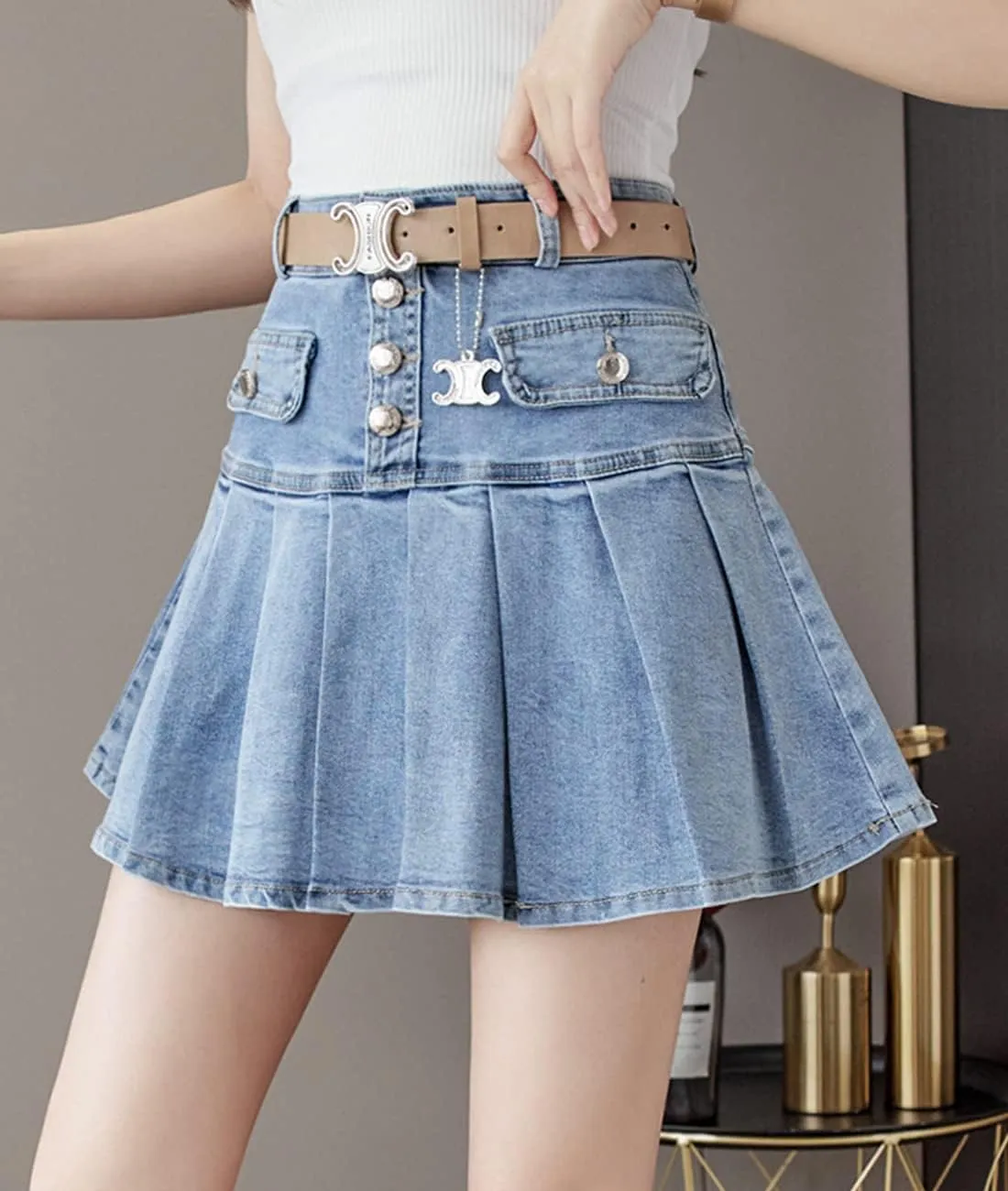 Femiserah Women's High Waist Button Front A-line Pleated Ruffle Short Mini Denim Skirts