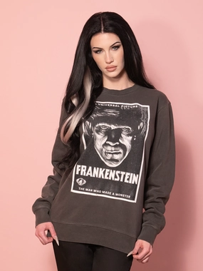 Festival - vibrant Universal Monsters: Frankenstein Vintage Movie Poster Sweatshirt in Washed Black (unisex) Stylish Design Raw Hem Finish Universal Monsters: Frankenstein Vintage Movie Poster Sweatshirt in Washed Black (unisex)