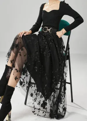 Fine Black Stereoscopic Floral Tulle Skirt Fall ML1198