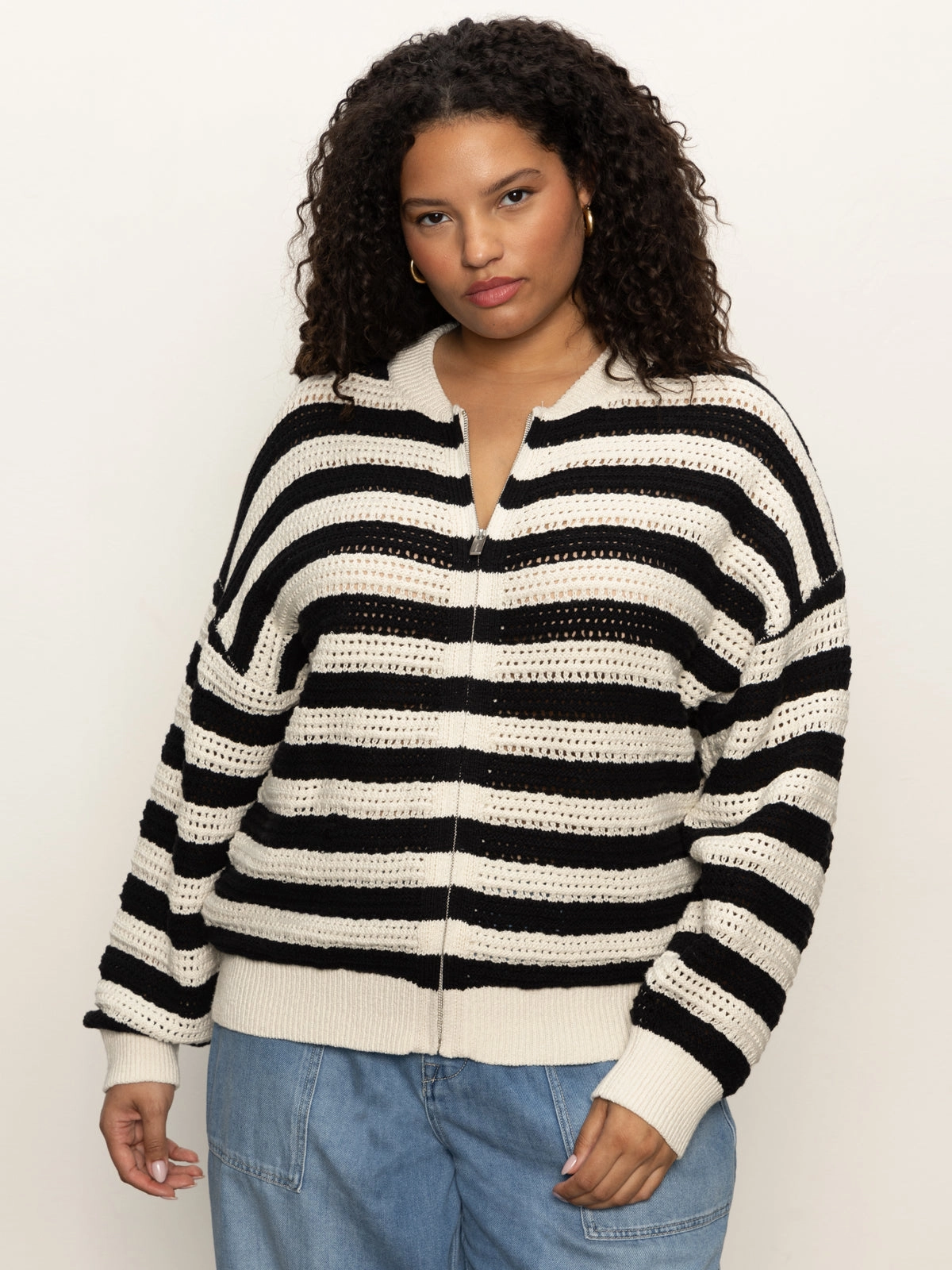 Garment Shaping Panels Fresh Trend Open Knit Bomber Jacket Macrame Black Stripe Extended Sizing
