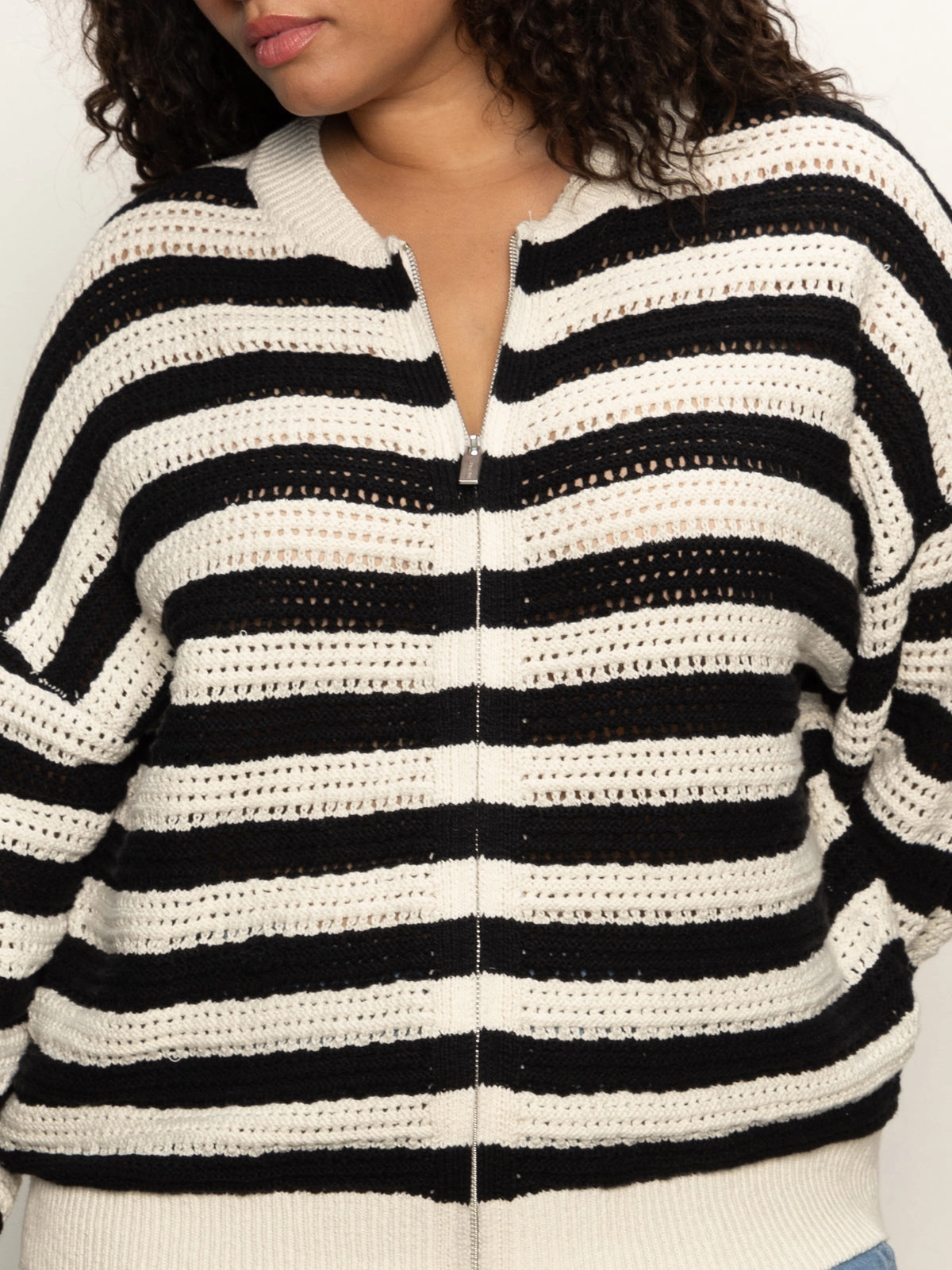 Checkered Open Knit Bomber Jacket Macrame Black Stripe Extended Sizing