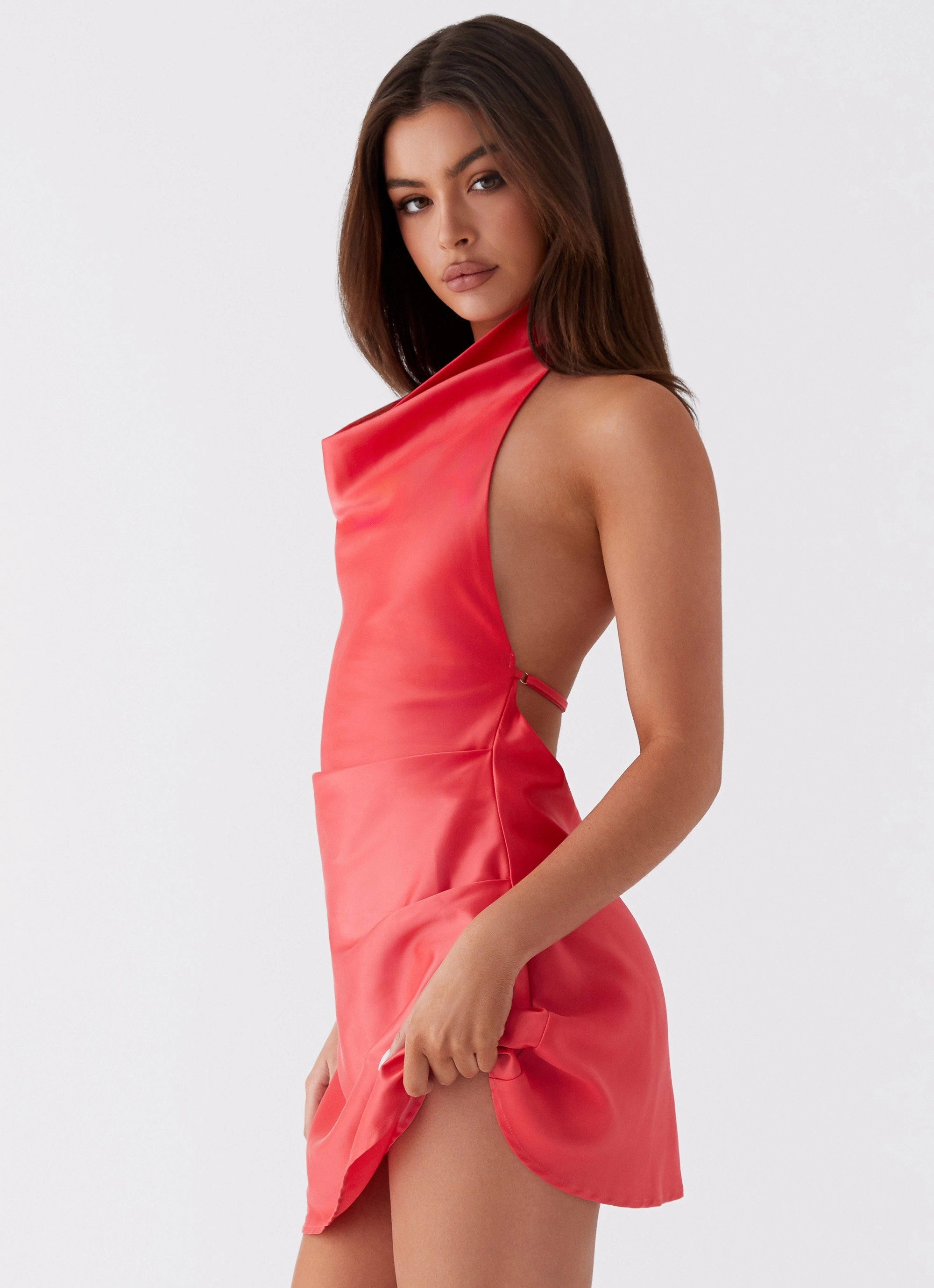 Satin Finish Elegant Layer Sabina Mini Dress - Red