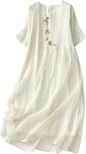 Finelylove Sundress for Women Bohemian Floral Print Midi Dress Casual Short Sleeve Cotton Dress Comfy Beach Vacation Clothes