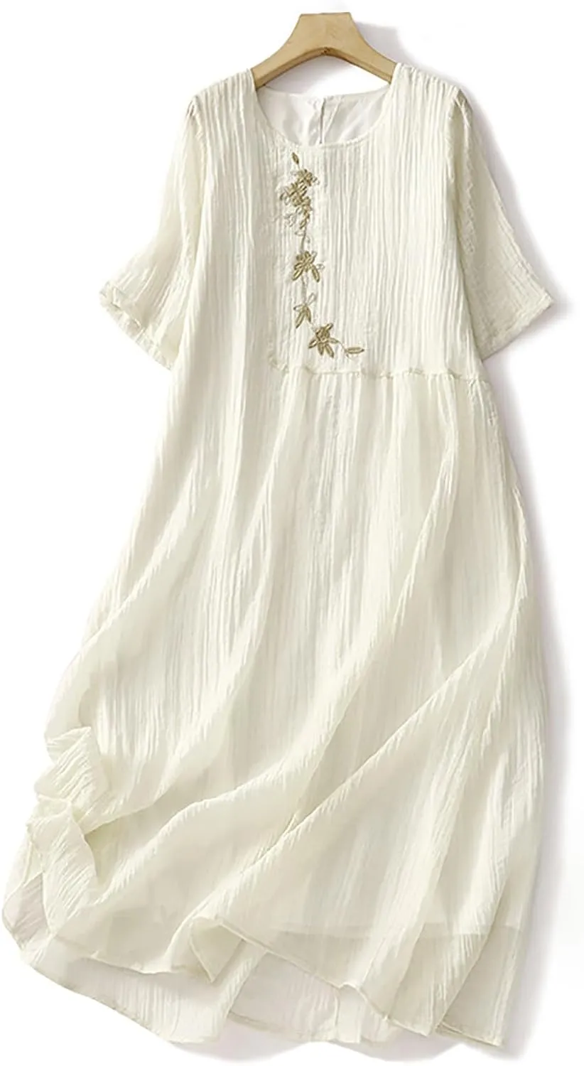 Finelylove Sundress for Women Bohemian Floral Print Midi Dress Casual Short Sleeve Cotton Dress Comfy Beach Vacation Clothes