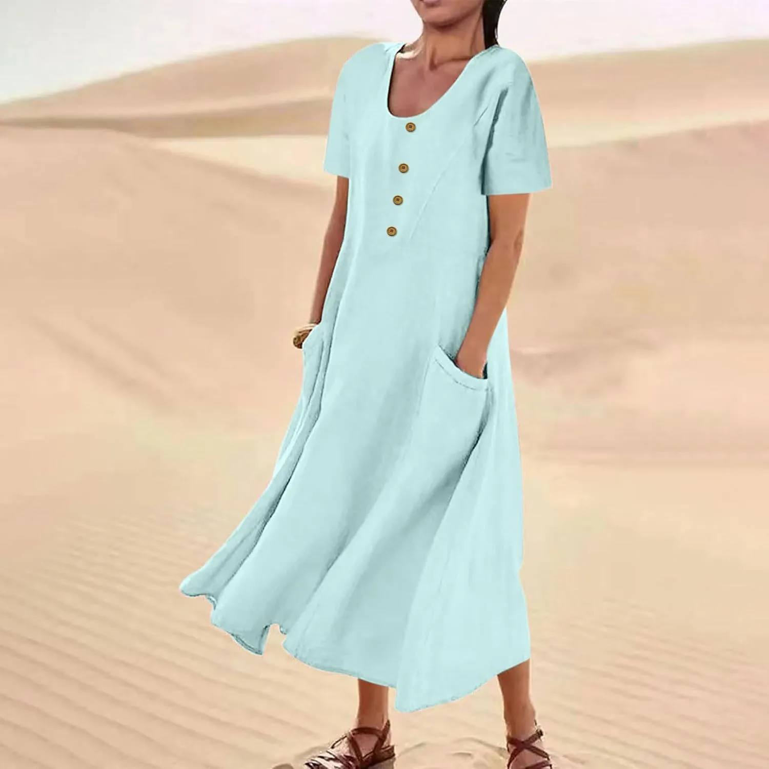 Finelylove Womens Cotton Linen Long Dress Short Sleeve Loose Flowy Dress Casual Midi Summer Beach Sundress with Pockets