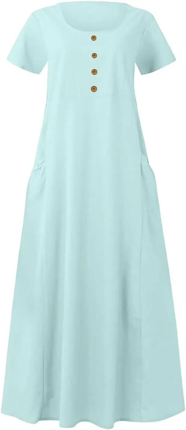 Finelylove Womens Cotton Linen Long Dress Short Sleeve Loose Flowy Dress Casual Midi Summer Beach Sundress with Pockets