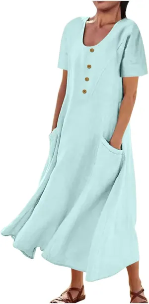 Finelylove Womens Cotton Linen Long Dress Short Sleeve Loose Flowy Dress Casual Midi Summer Beach Sundress with Pockets