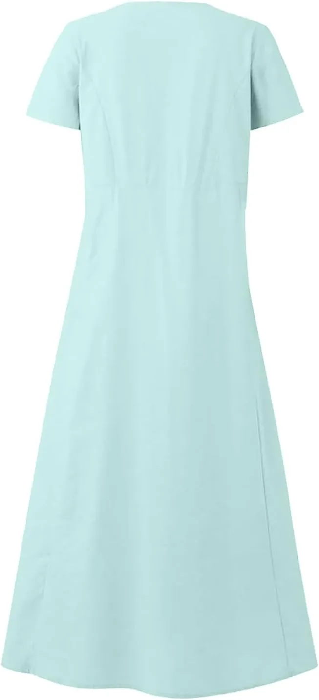 Finelylove Womens Cotton Linen Long Dress Short Sleeve Loose Flowy Dress Casual Midi Summer Beach Sundress with Pockets