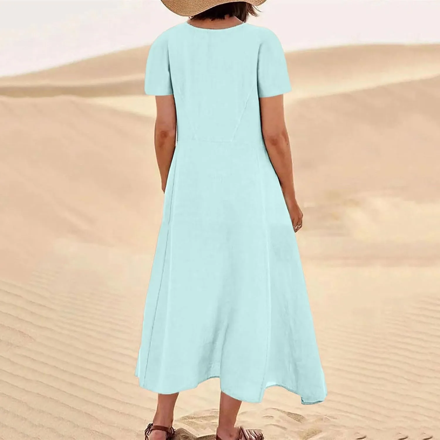 Finelylove Womens Cotton Linen Long Dress Short Sleeve Loose Flowy Dress Casual Midi Summer Beach Sundress with Pockets