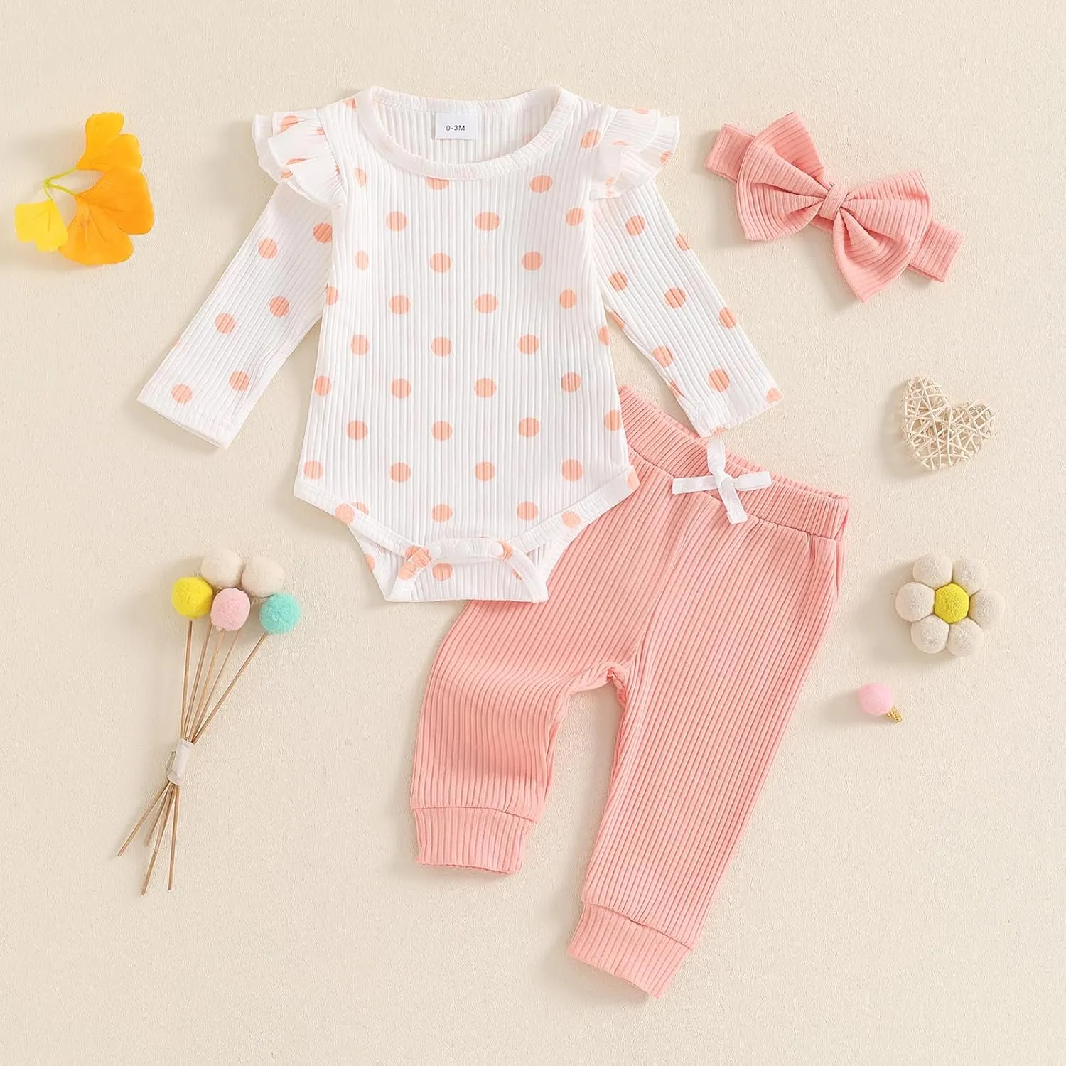 FIOMVA Newborn Baby Girl Clothes Fall Winter Outfit 0 3 6 9 12 18Months Ruffle Long Sleeve Ribbed Romper Pants Headband Set